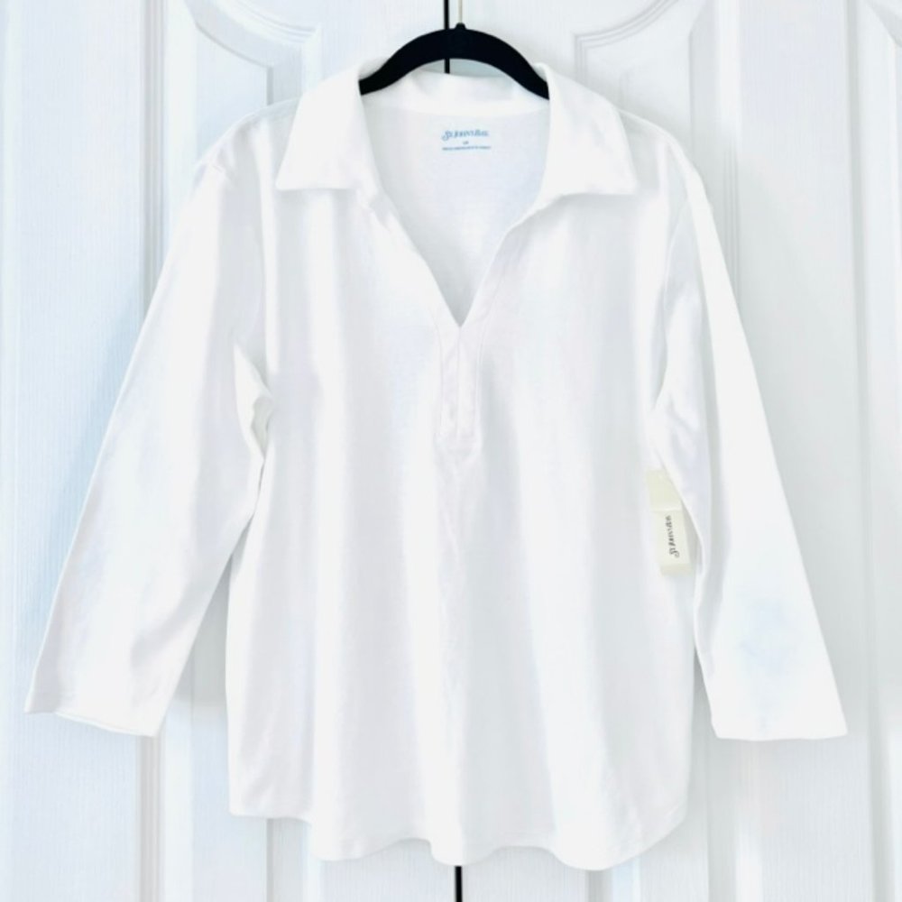 St. Johns Bay White 3/4 Sleeve V-Neck Cotton Top (L)